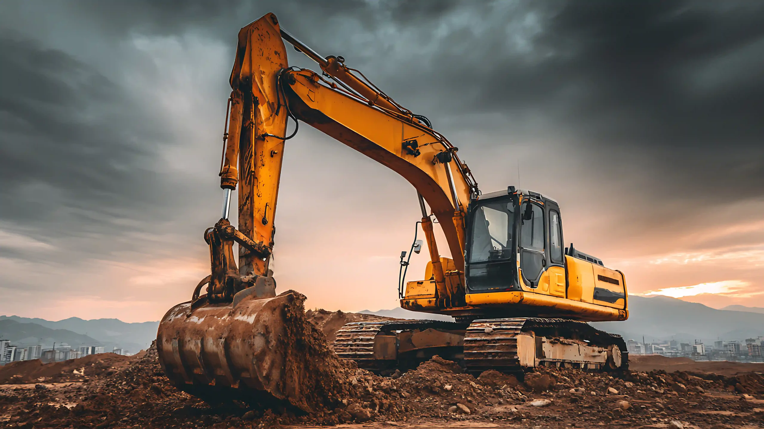 powerful yellow excavator dominates a construction site under a dramatic sky free photo