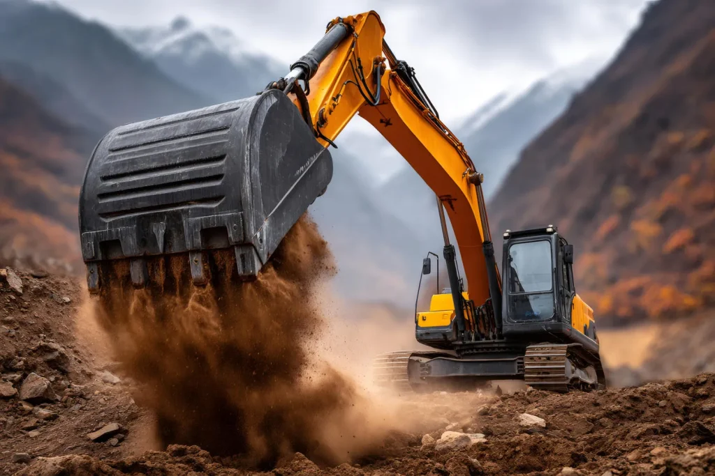 excavator digging soil moving earth in mountains photo excavator digging soil moving earth in mountains photo